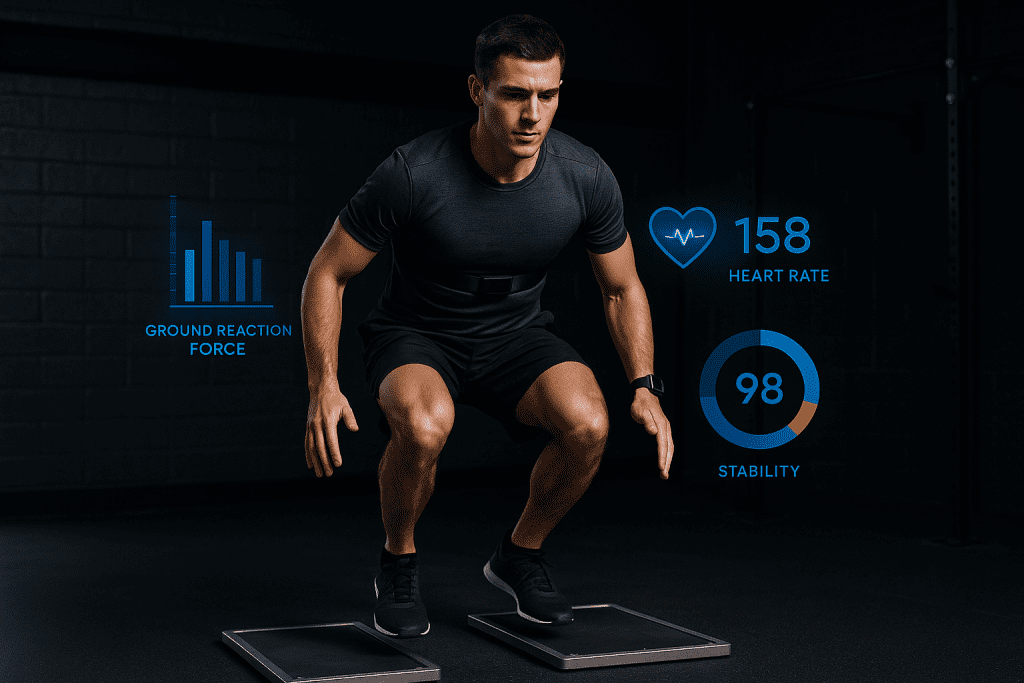 Male Athlete performing squat with varioous wearable technology devices