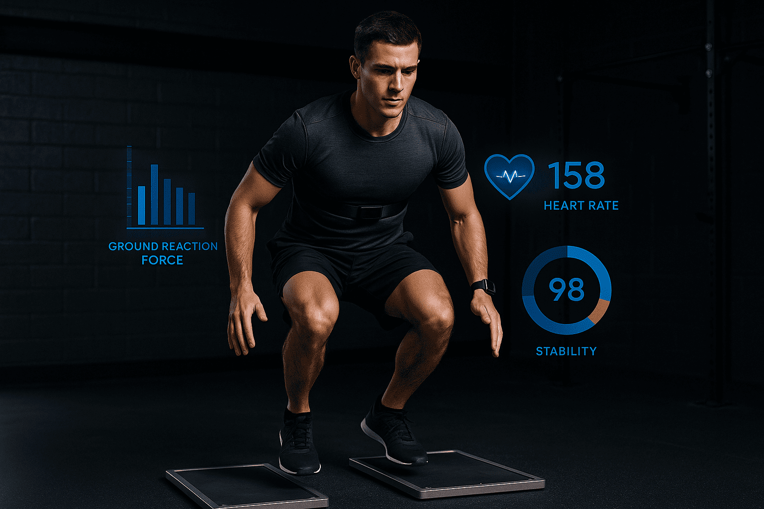 Male Athlete performing squat with varioous wearable technology devices